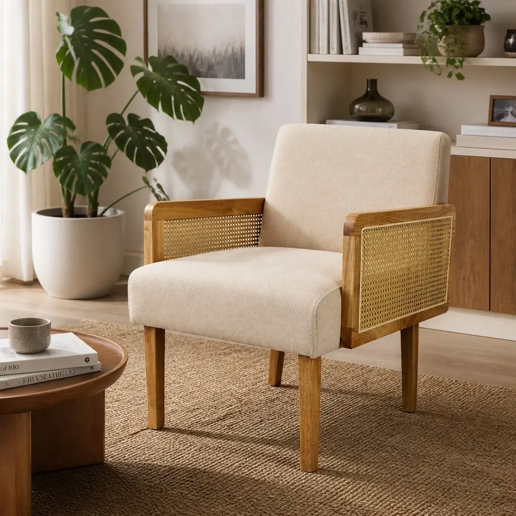 Rattan Armchair for Lounging Natural Colour Linen Fabric Cushioned Seat Backrest Rubberwood