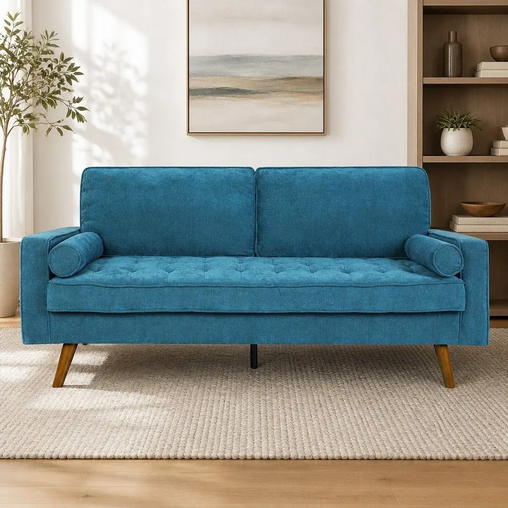 3 Seater Sofa Lounge Couch 191cm Wide Blue Linen Style