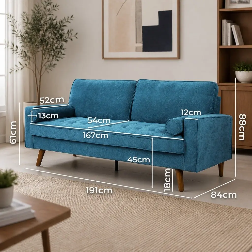3 Seater Sofa Lounge Couch 191cm Wide Blue Linen Style