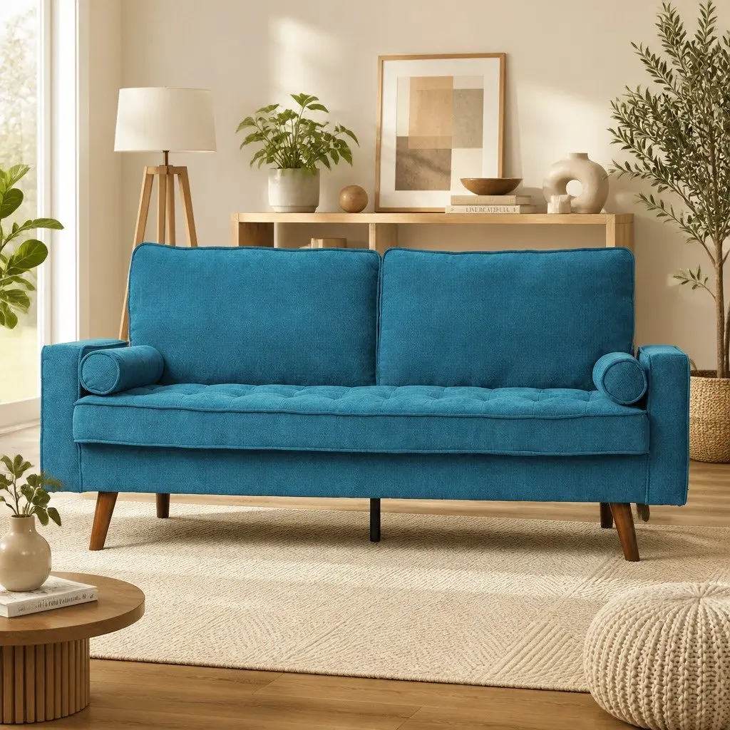 3 Seater Sofa Lounge Couch 191cm Wide Blue Linen Style