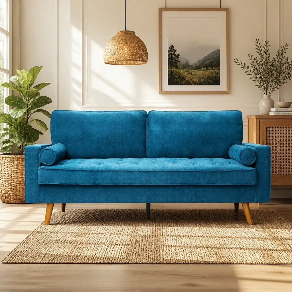 3 Seater Sofa Lounge Couch 191cm Wide Blue Linen Style