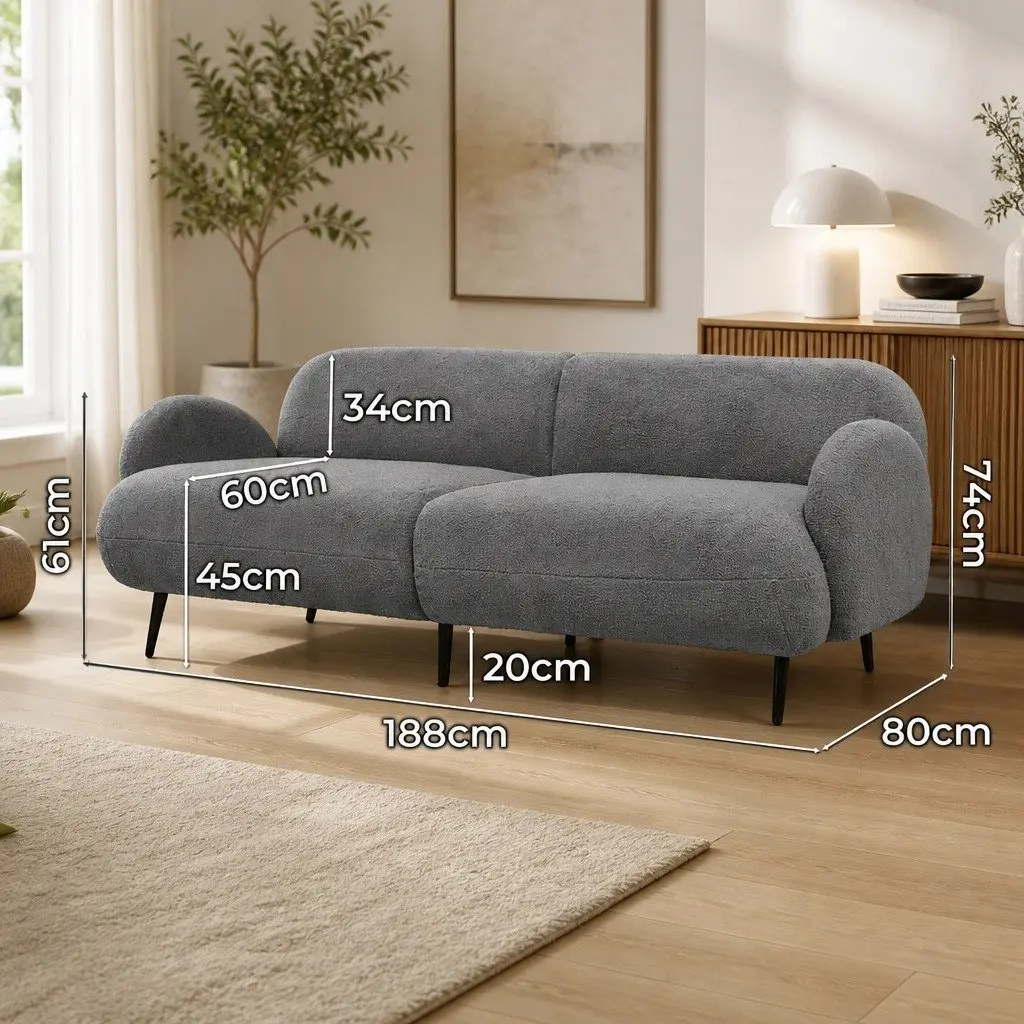 3 Seater Sofa Sherpa Fleece Lounge Couch Modern Living Room Furniture Grey