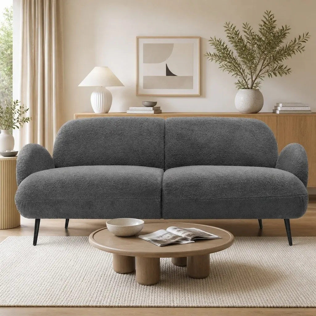 3 Seater Sofa Sherpa Fleece Lounge Couch Modern Living Room Furniture Grey