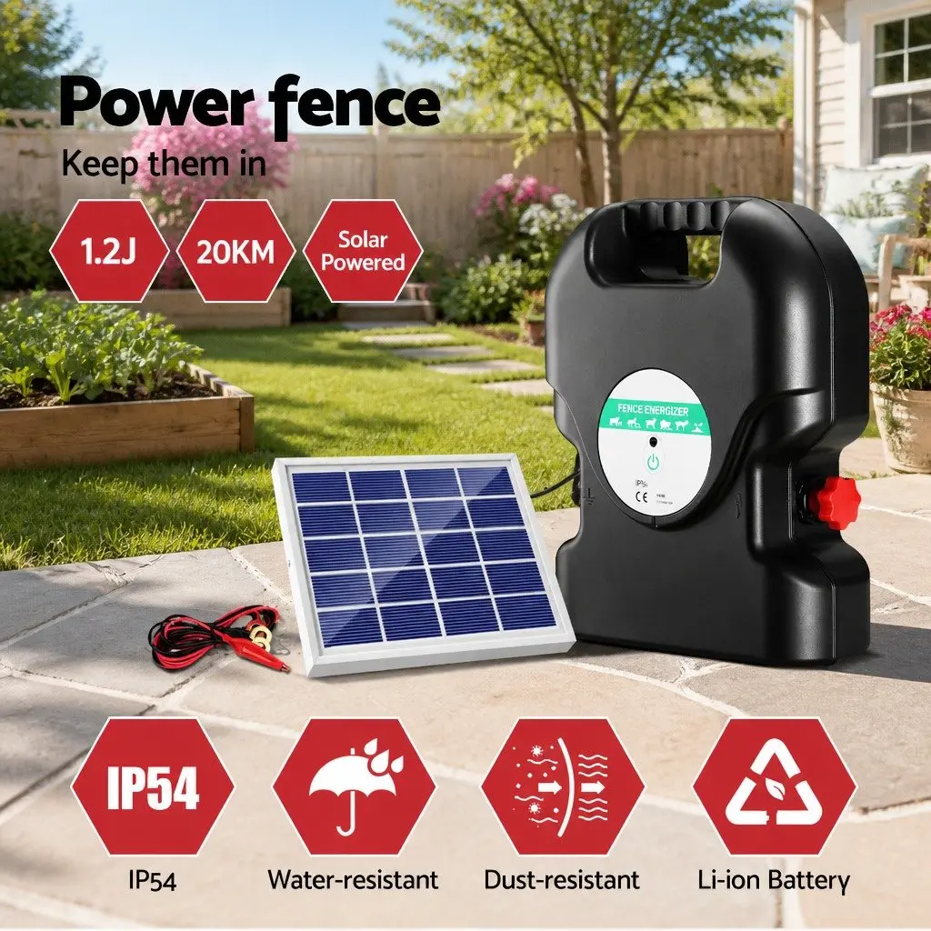 Solar Electric Fence Energiser 20km Range 1.2J Black