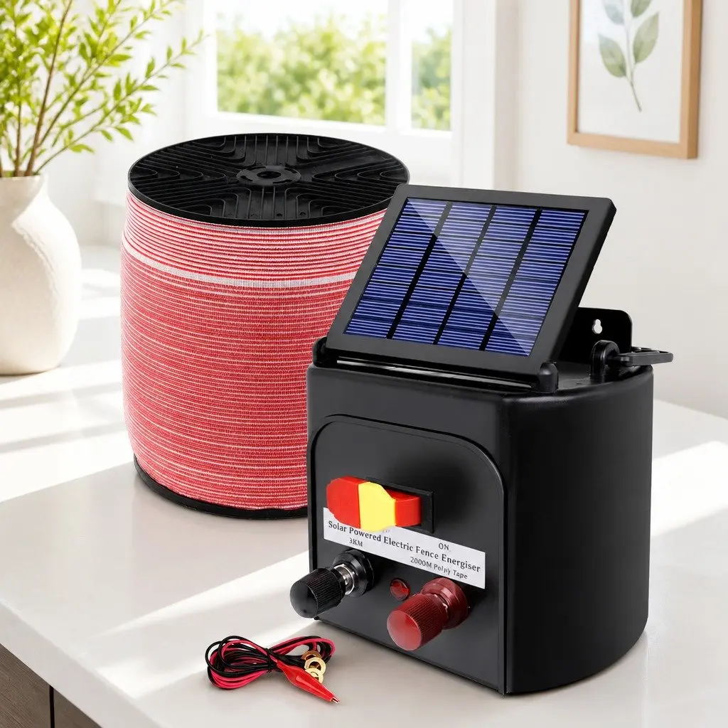 Solar Electric Fence Energiser 3km Range Livestock Farm Fencing Kit 2000m Polytape Black Red White