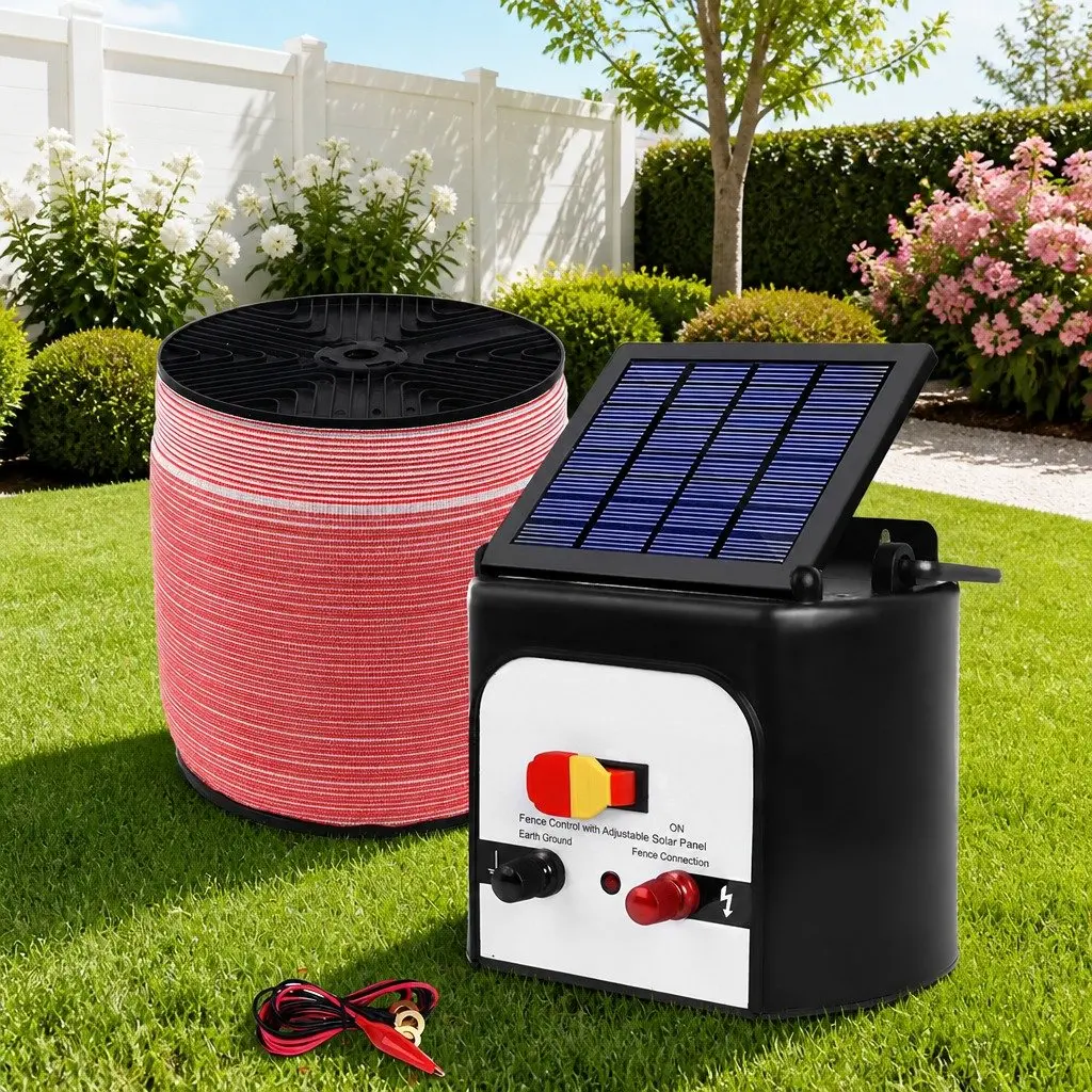 Solar Electric Fence Energiser 8km for Livestock Farm Fencing System Black and White with 2000m Polytape Red and White