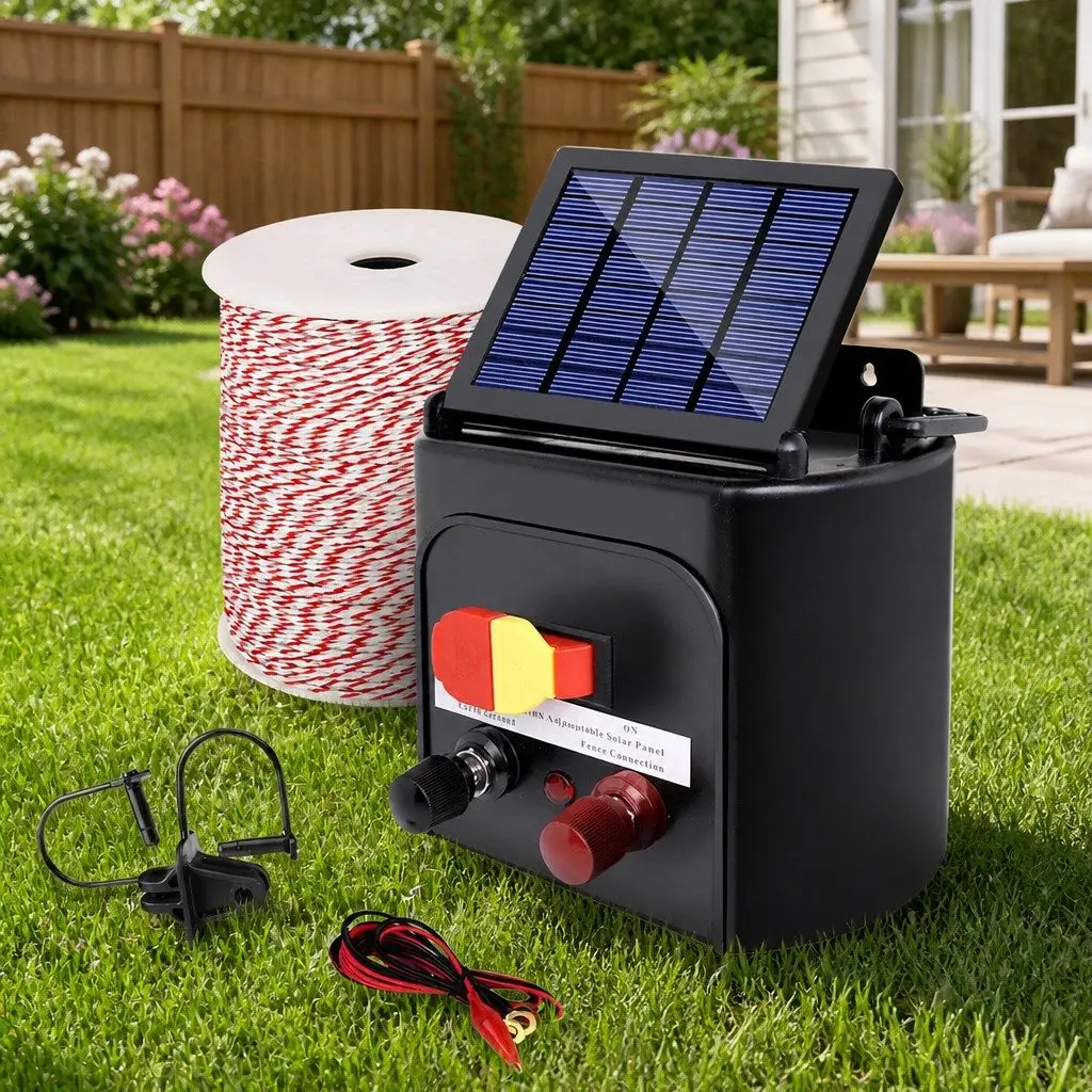Solar Electric Fence Energiser 5km Livestock Pet Control Black Poly Wire Insulators 9 Piece