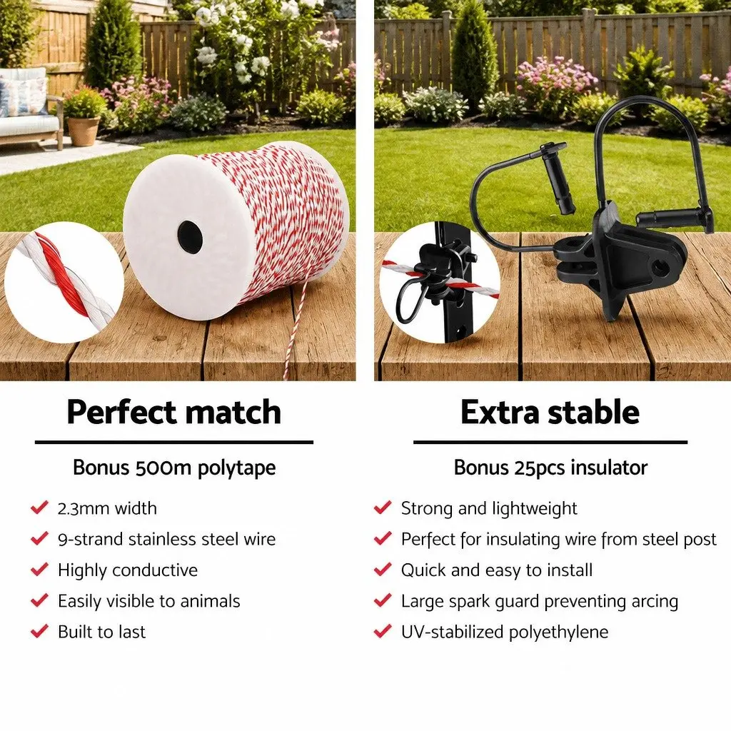 Solar Electric Fence Energiser 5km Livestock Pet Control Black Poly Wire Insulators 9 Piece