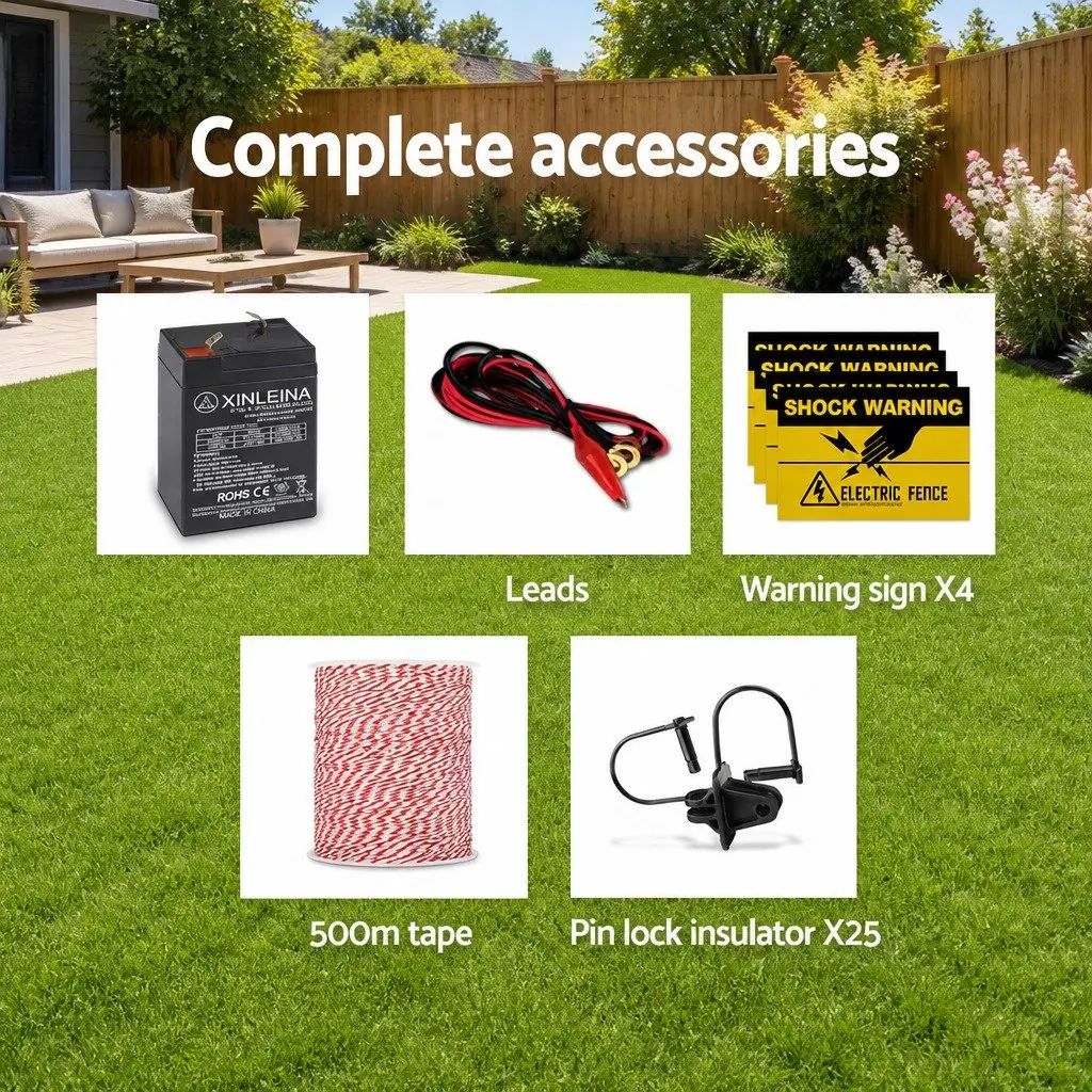 Solar Electric Fence Energiser 5km Livestock Pet Control Black Poly Wire Insulators 9 Piece