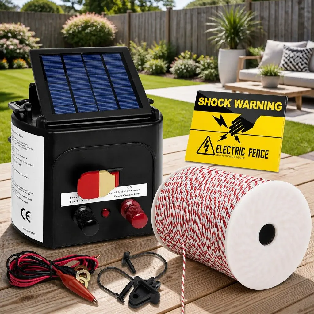 Solar Electric Fence Energiser 5km Livestock Pet Control Black Poly Wire Insulators 9 Piece