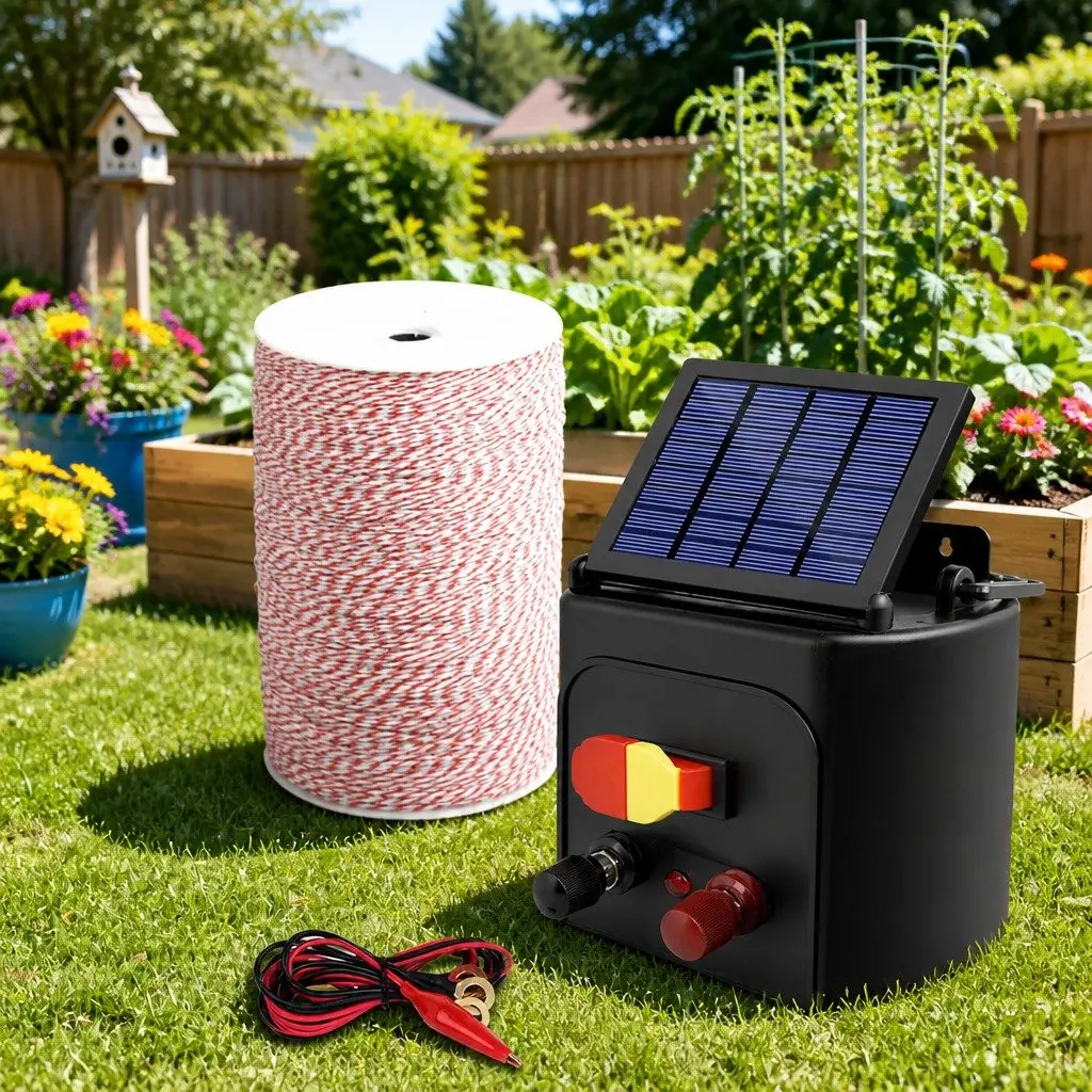 Solar Electric Fence Energiser 5KM Livestock Farm Pet Control Black Poly Wire 2000m Red White