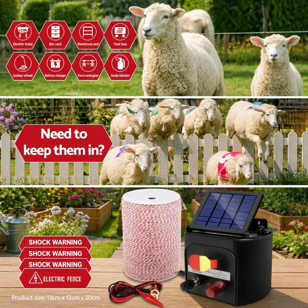 Solar Electric Fence Energiser 5KM Livestock Farm Pet Control Black Poly Wire 2000m Red White