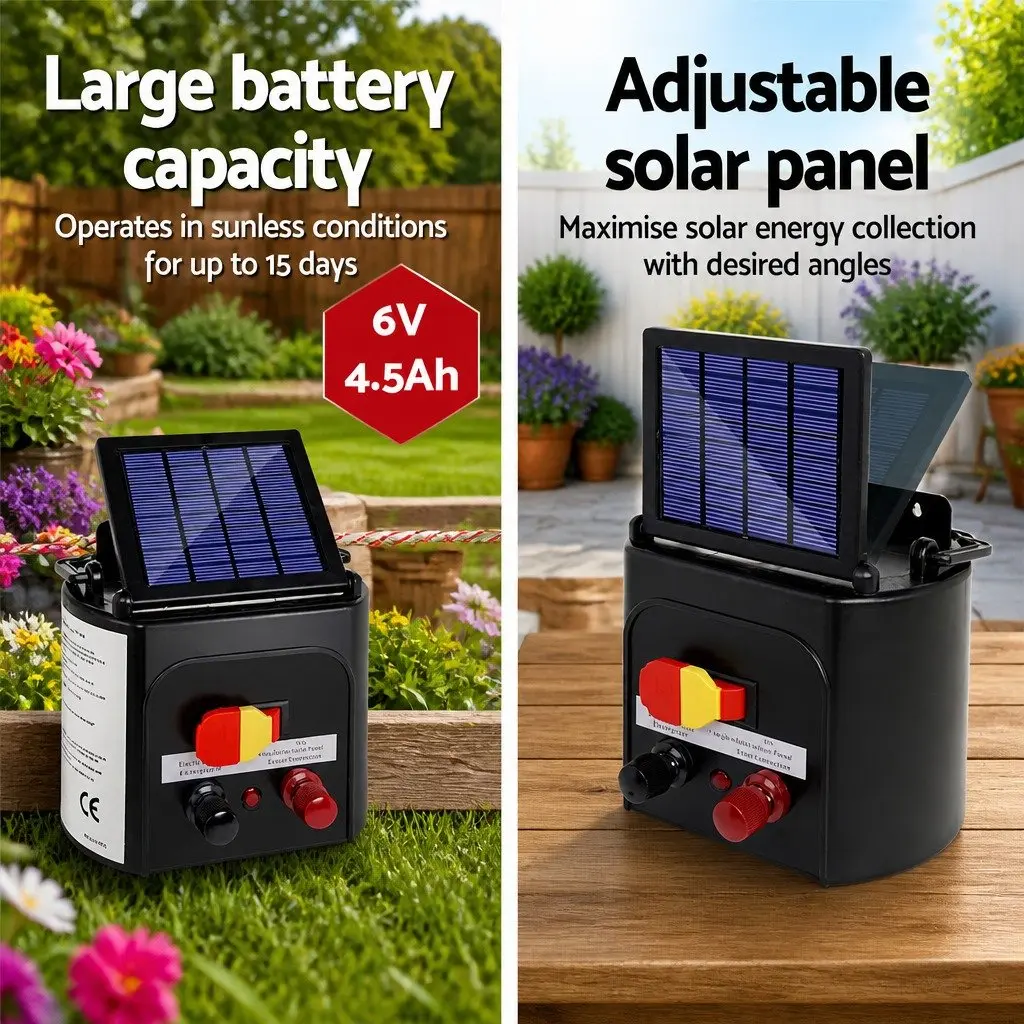 Solar Electric Fence Energiser 5KM Livestock Farm Pet Control Black Poly Wire 2000m Red White