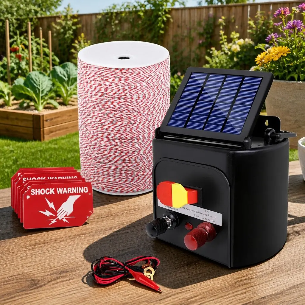 Solar Electric Fence Energiser 5KM Livestock Farm Pet Control Black Poly Wire 2000m Red White