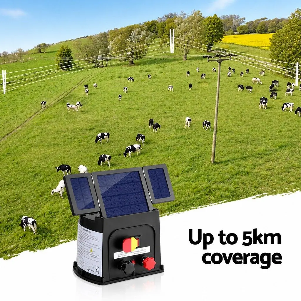 Solar Electric Fence Energiser Livestock Protection 5km 0.15J Black
