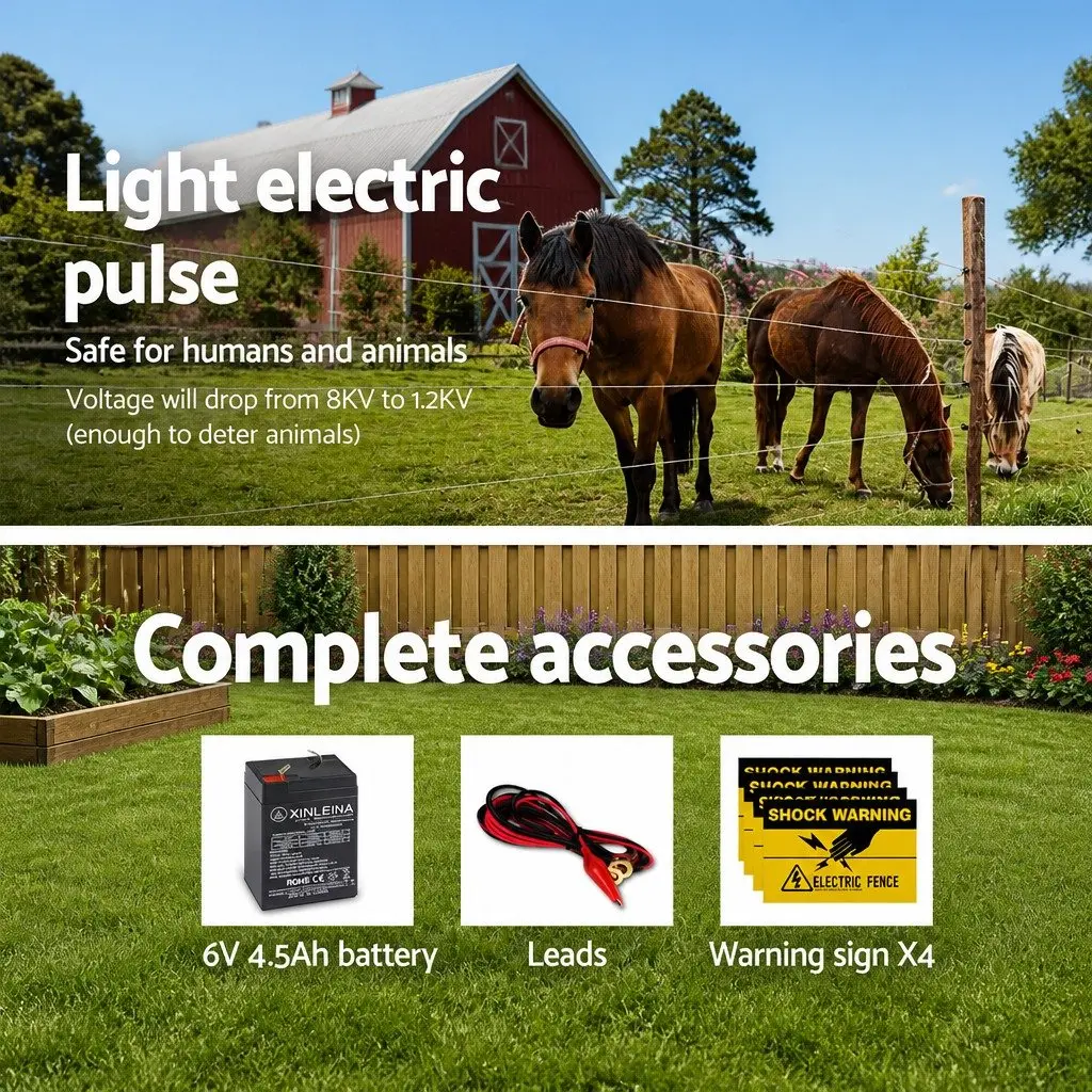 Solar Electric Fence Energiser 5km Livestock Farm Fencing Waterproof Black