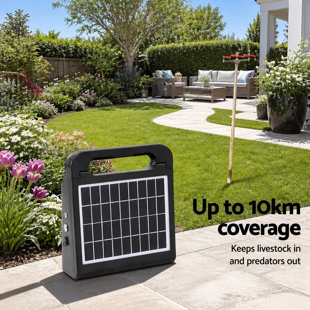Solar Electric Fence Energiser 10km Farm Animal Charger Black Water-Resistant