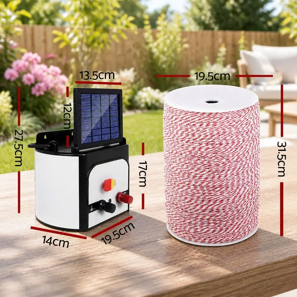 Solar Electric Fence Energiser 8KM Livestock Pet Fencing Poly Wire Red White