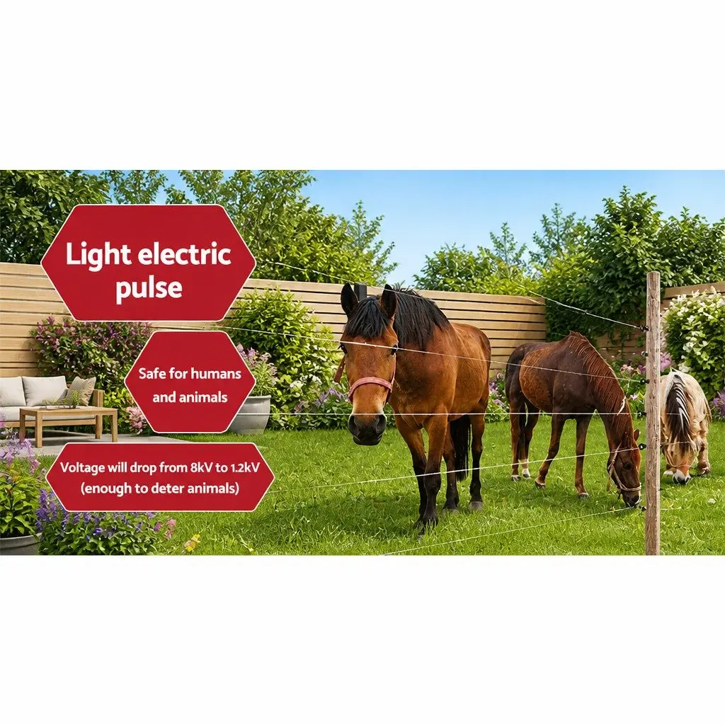Solar Electric Fence Energiser 8KM Livestock Pet Fencing Poly Wire Red White