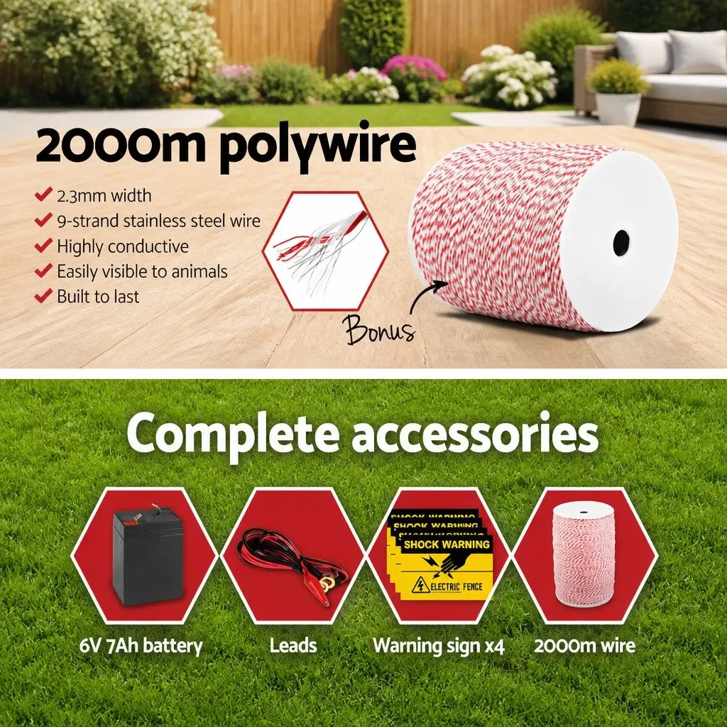 Solar Electric Fence Energiser 8KM Livestock Pet Fencing Poly Wire Red White