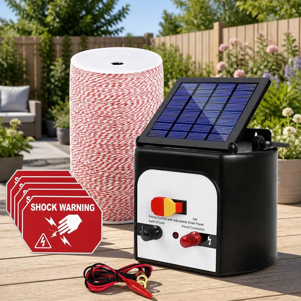 Solar Electric Fence Energiser 8KM Livestock Pet Fencing Poly Wire Red White