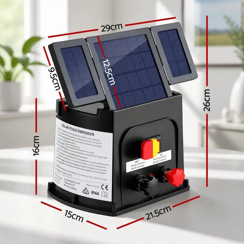 Solar Electric Fence Energiser 8km Range 0.3J Livestock Animal Containment