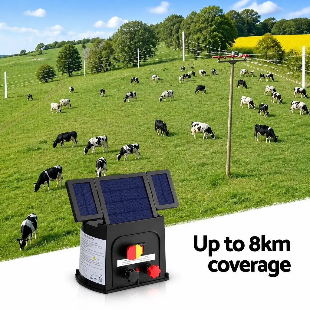 Solar Electric Fence Energiser 8km Range 0.3J Livestock Animal Containment