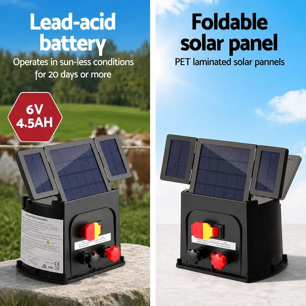 Solar Electric Fence Energiser 8km Range 0.3J Livestock Animal Containment