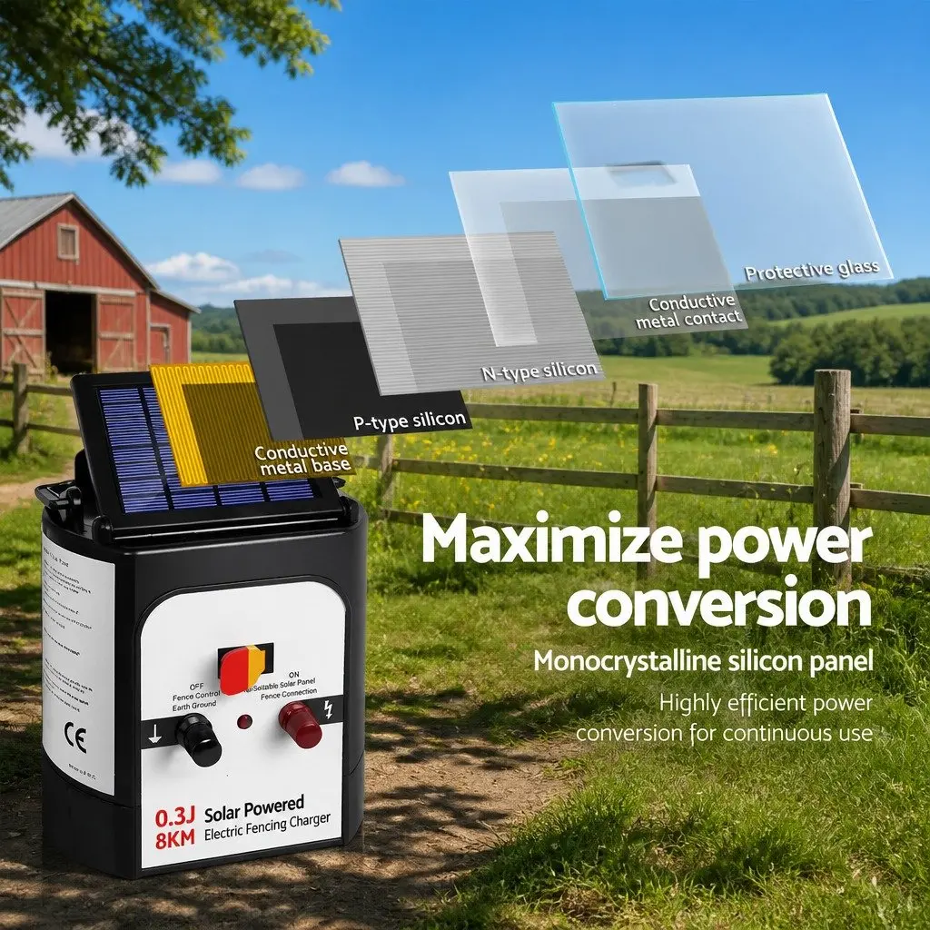 Solar Electric Fence Energiser 8km 0.3J Black and White