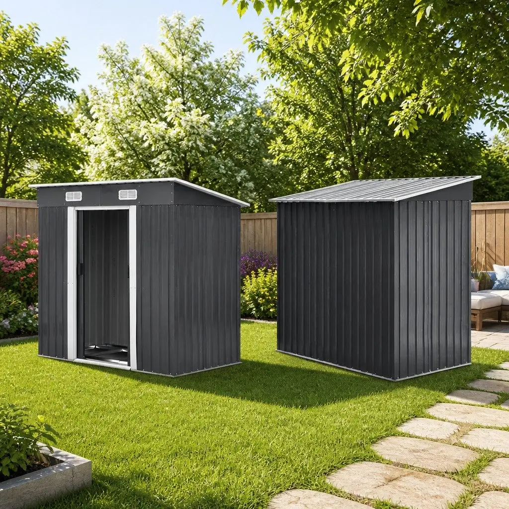 Garden Shed 1.94x1.21M Metal Storage Tool House Outdoor Sliding Door Black Steel