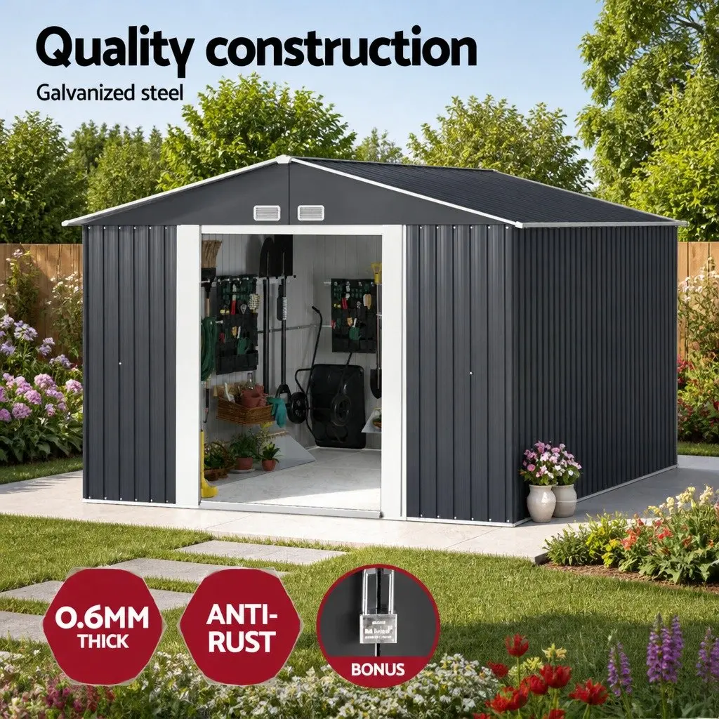Garden Shed 3x3M Outdoor Storage Tool Workshop House Shelter Grey