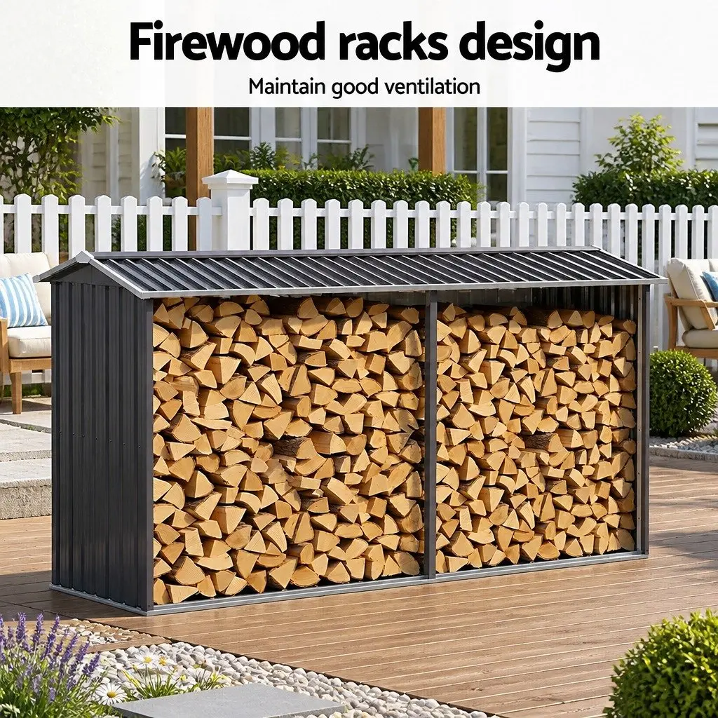 Firewood Storage Shed Outdoor Log Rack 334.5CM Grey Galvanised Steel