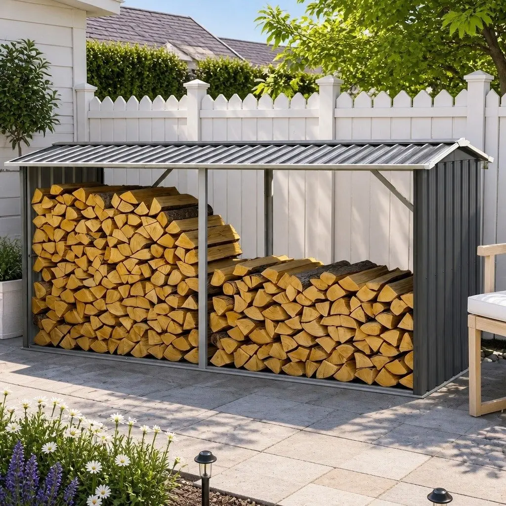 Firewood Storage Shed Outdoor Log Rack 334.5CM Grey Galvanised Steel