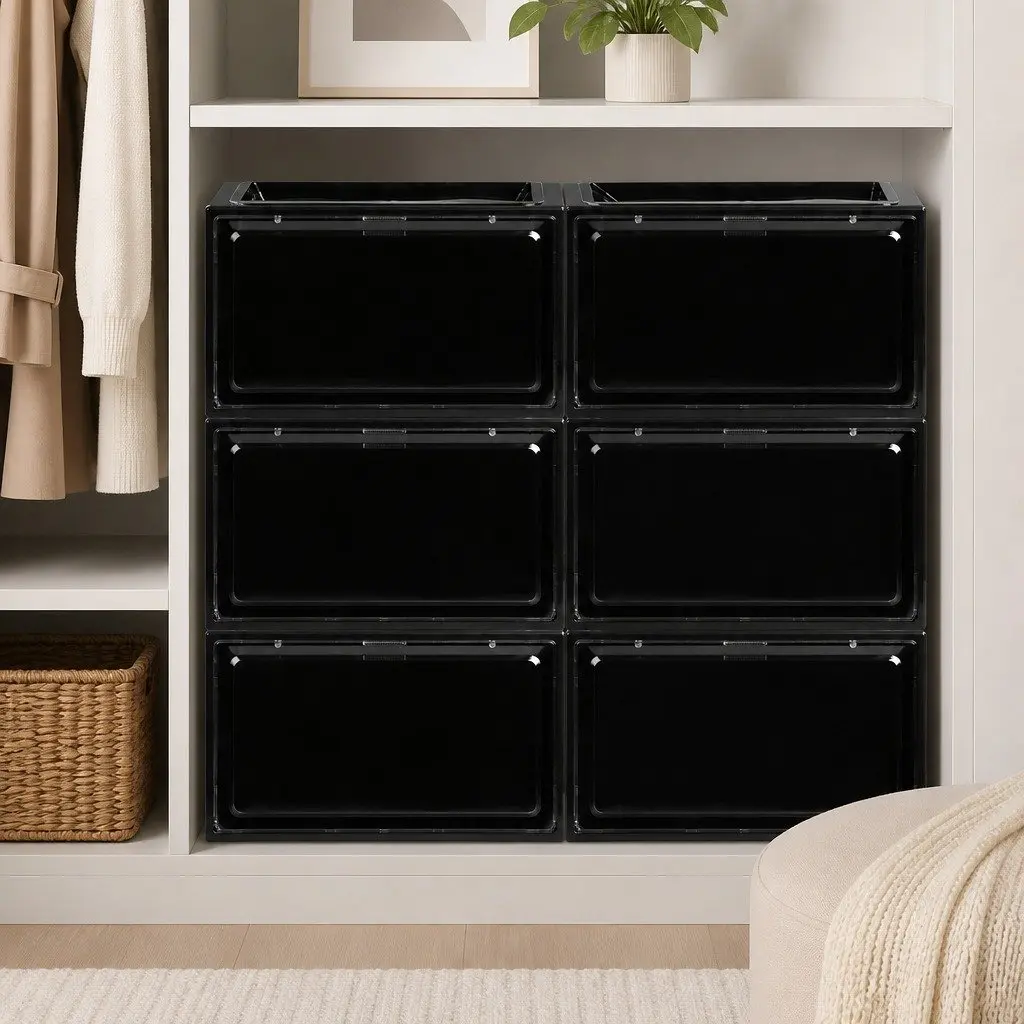 Shoe Storage Box Stackable Organiser Clear Front Drop Door 6 Piece Black