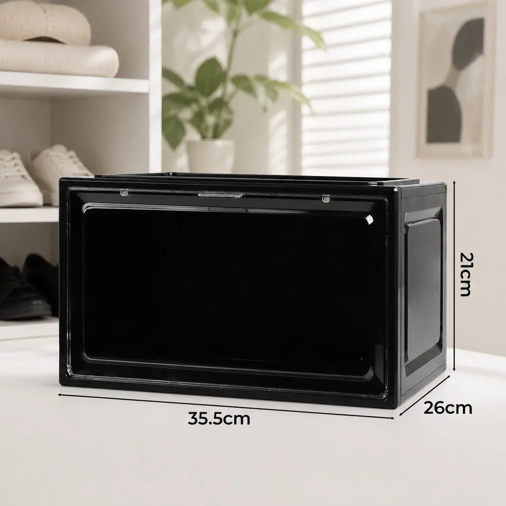 Shoe Storage Box Stackable Organiser Clear Front Drop Door 6 Piece Black