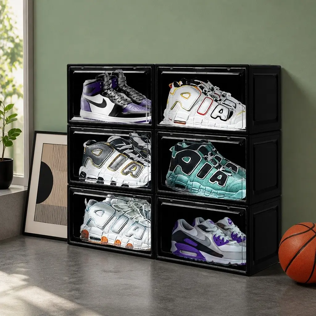 Shoe Storage Box Stackable Organiser Clear Front Drop Door 6 Piece Black