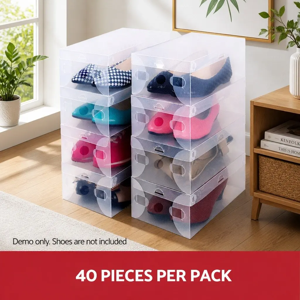 Shoe Box Storage Transparent Organizer Foldable Stackable 28cm L x 18cm W x 10cm H White 40 Piece Set