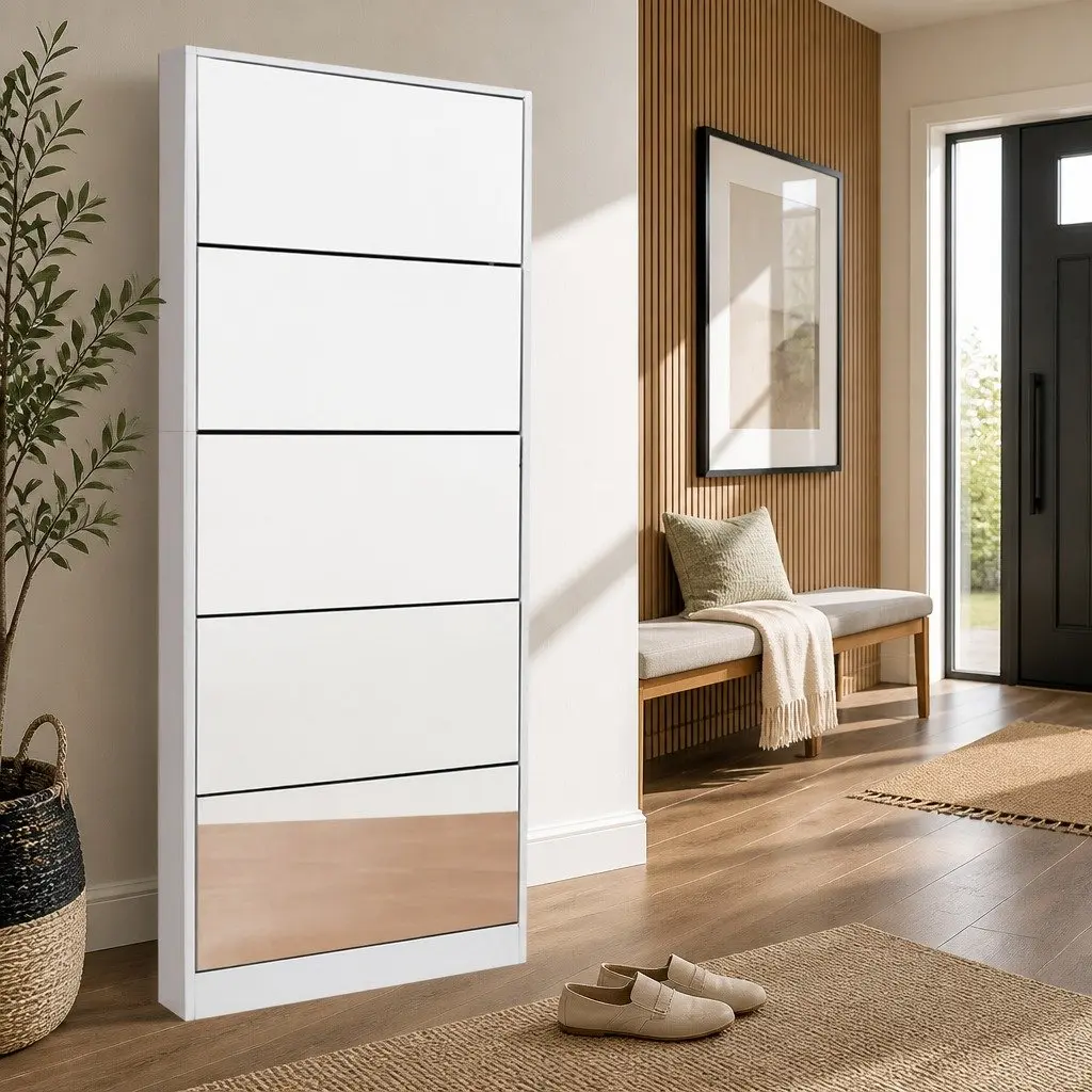 Shoe Rack Cabinet Storage Full-Length Mirror 5 Compartment White