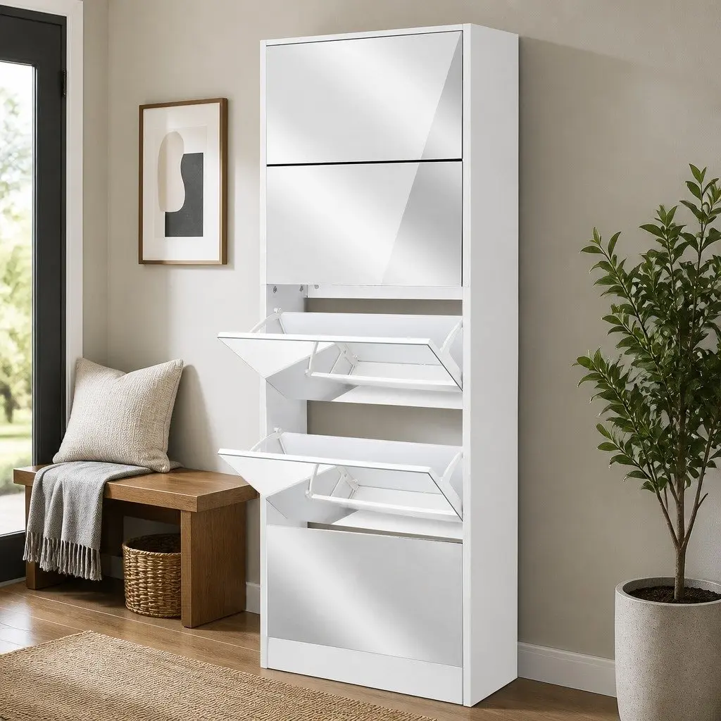 Shoe Rack Cabinet Storage Full-Length Mirror 5 Compartment White