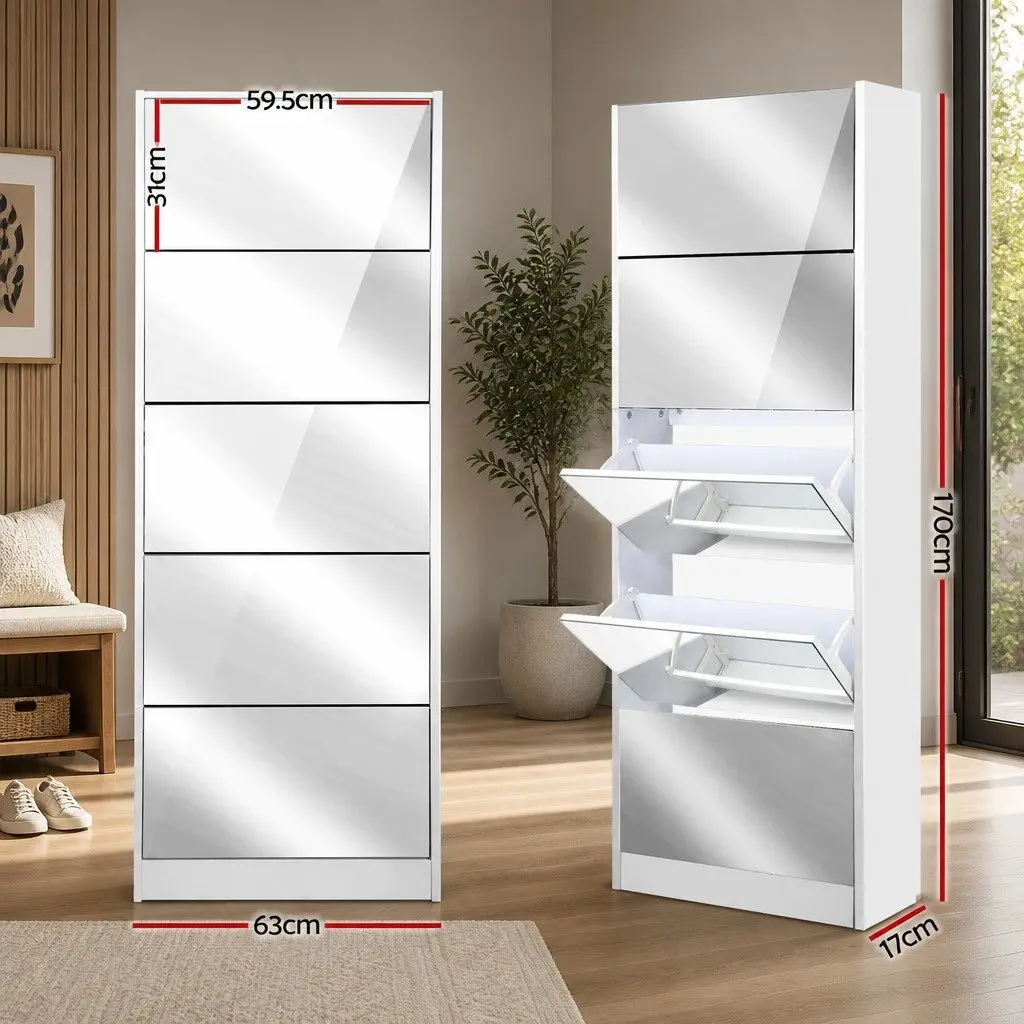 Shoe Rack Cabinet Storage Full-Length Mirror 5 Compartment White