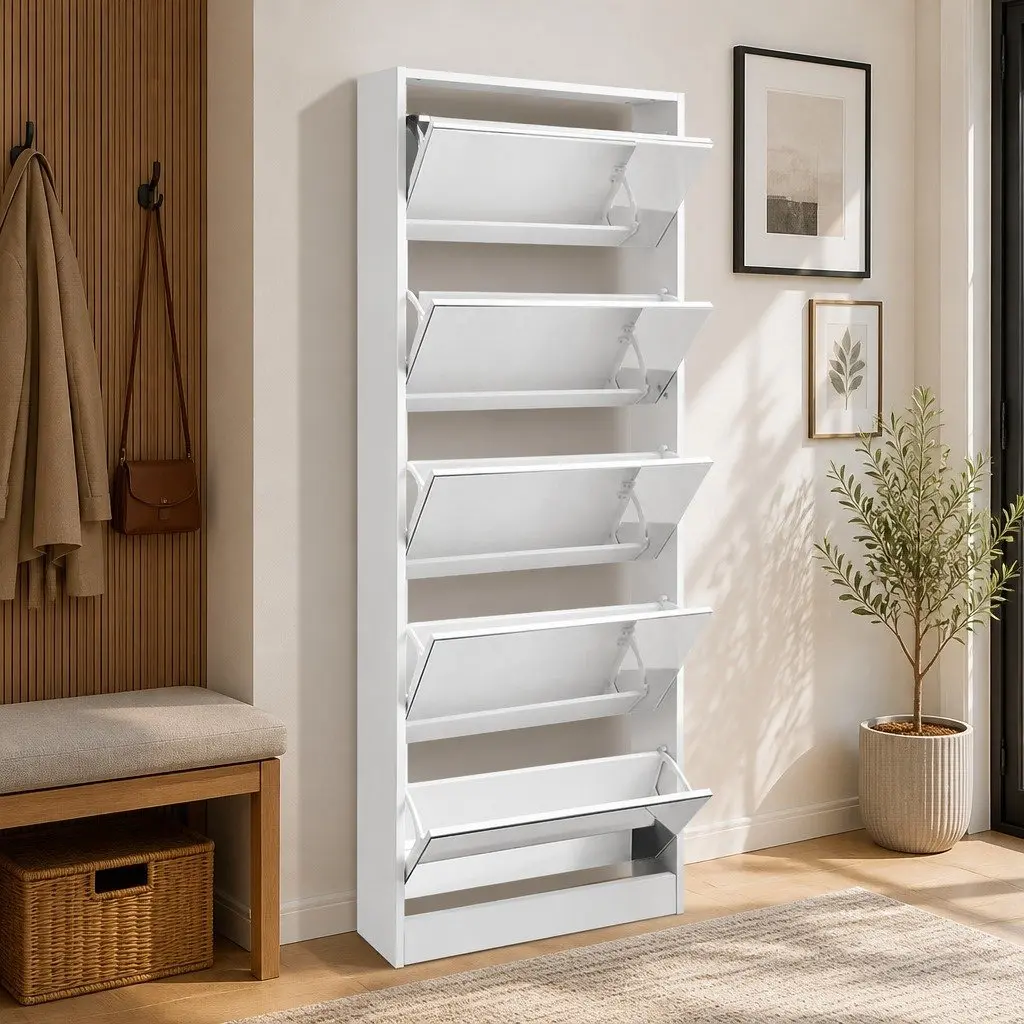 Shoe Rack Cabinet Storage Full-Length Mirror 5 Compartment White