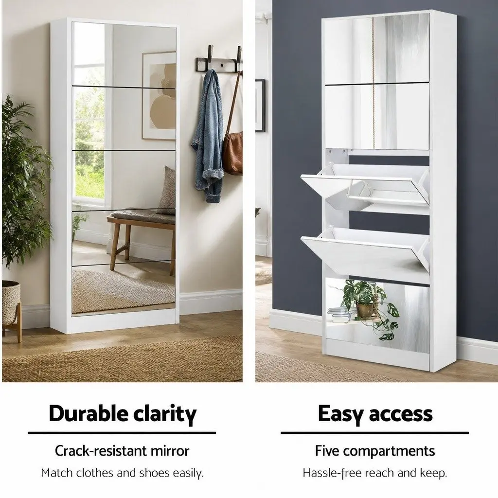 Shoe Rack Cabinet Storage Full-Length Mirror 5 Compartment White