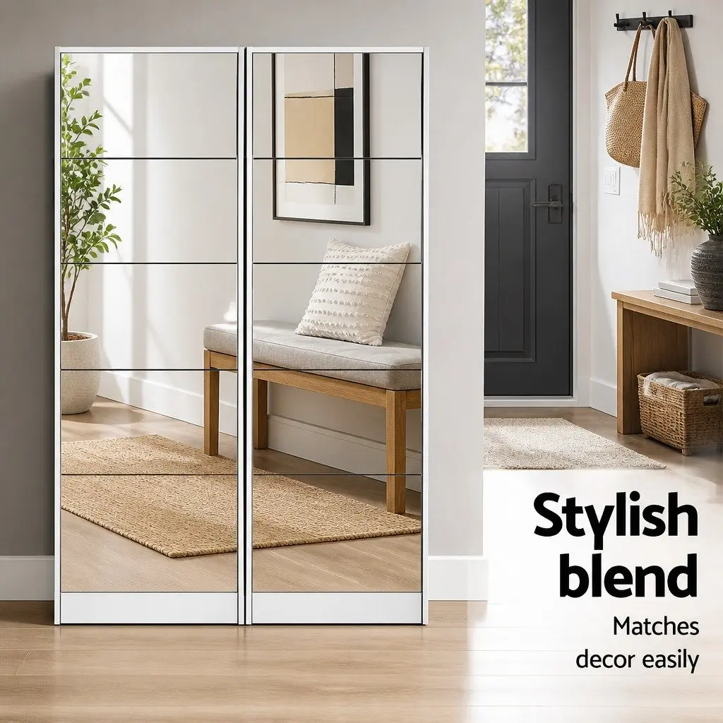 Shoe Rack Cabinet Storage Full-Length Mirror 5 Compartment White