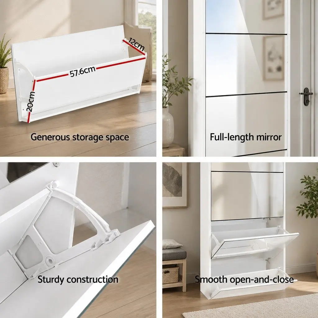 Shoe Rack Cabinet Storage Full-Length Mirror 5 Compartment White