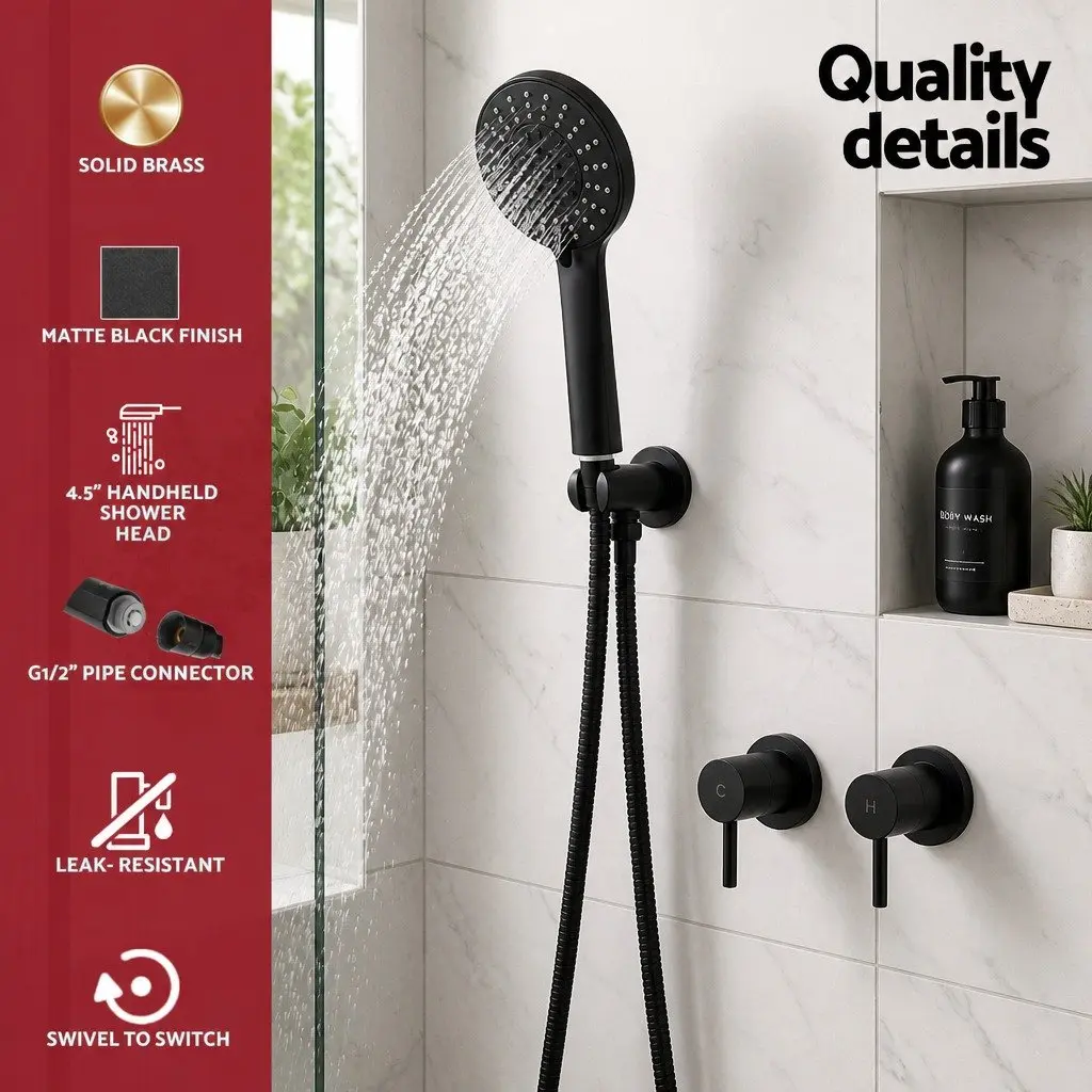 Handheld Shower Head 4.5" Round Black Matte Wall Mount Twin Swivel Bathroom Tap