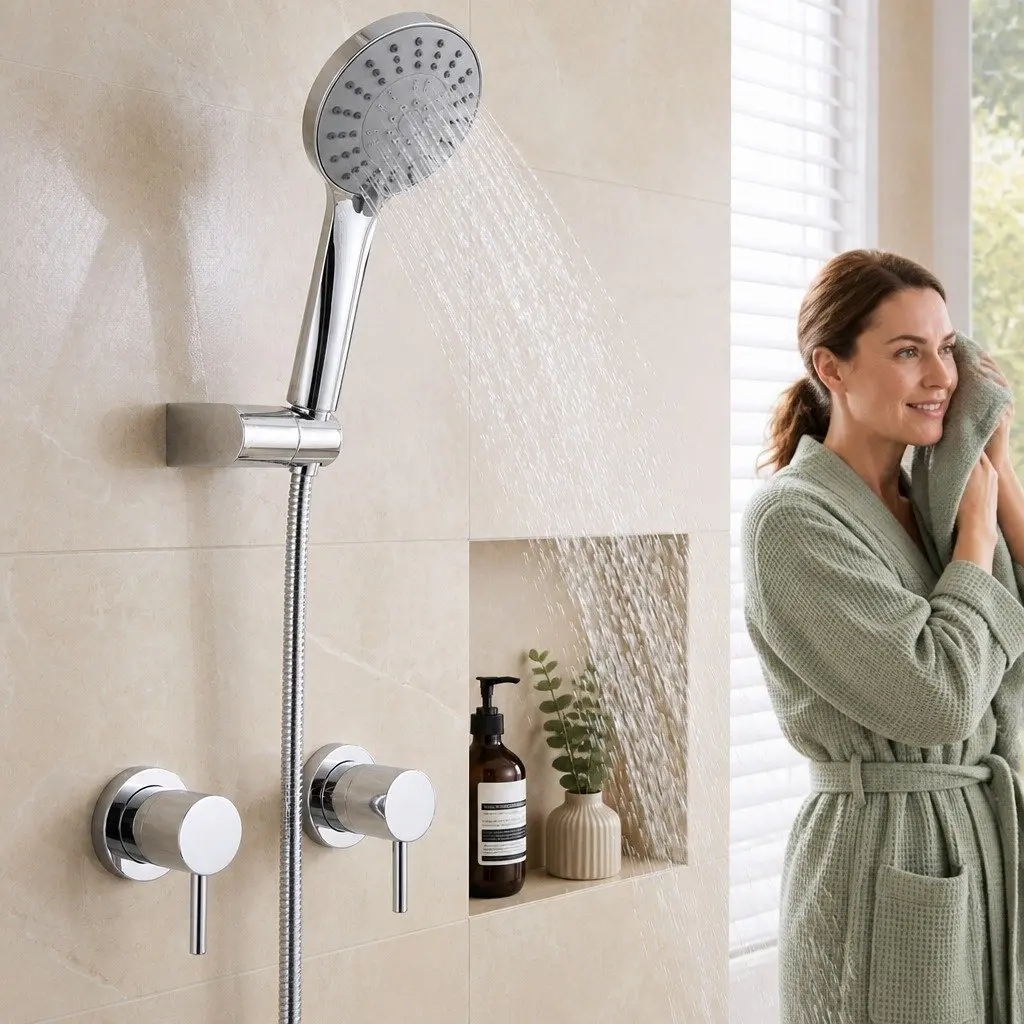 Handheld Shower Head 4.5" Round Silver Chrome Wall Mounted Twin Swivel Bathroom