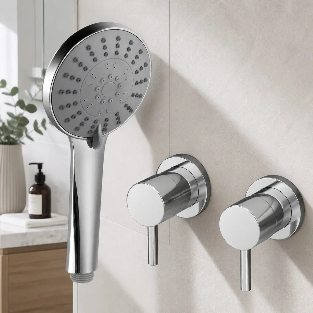 Handheld Shower Head 4.5" Round Silver Chrome Wall Mounted Twin Swivel Bathroom