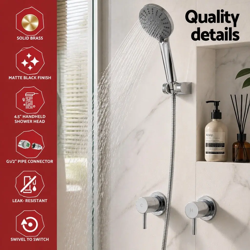 Handheld Shower Head 4.5" Round Silver Chrome Wall Mounted Twin Swivel Bathroom