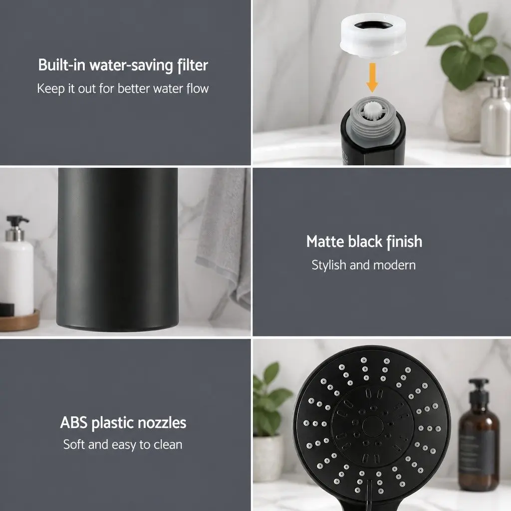 Handheld Shower Head 4.5 Inch 5 Spray Modes High Pressure Black Round Bathroom