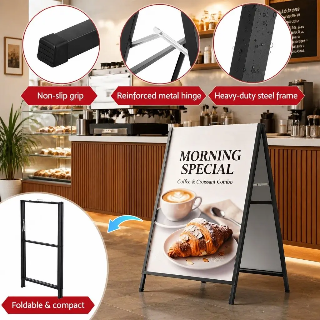 A1 Frame Sign Stand Double Sided Outdoor Advertising Display Board Black 60cm W x 62cm D x 96cm H